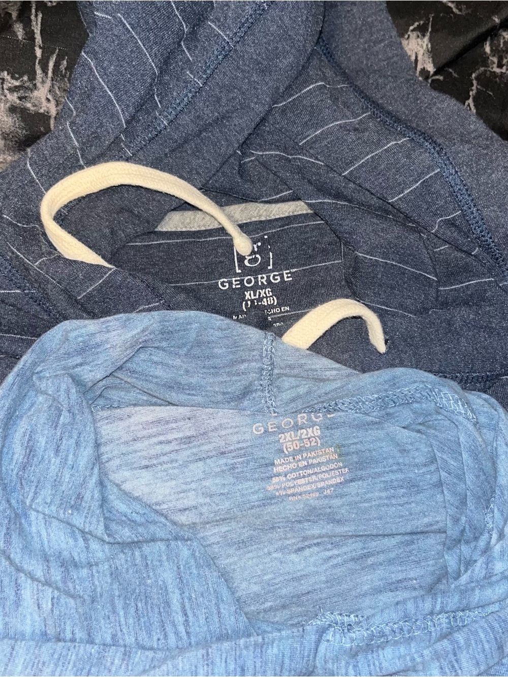 George Striped Navy Hoodie and Lightweight Blue Heather Hoodie bleach dyed xl
